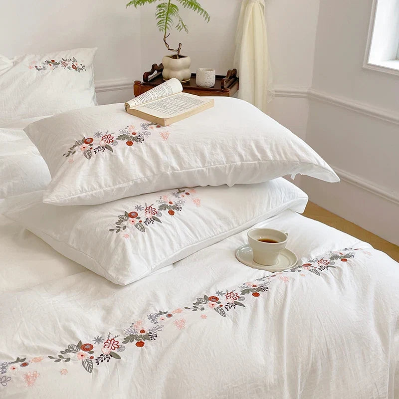 Vintage Floral Embroidered Lace-Up White Bedding Set