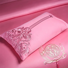 Luxury Chinese Style Wedding Flowers Embroidery Rose Pink Bedding Set