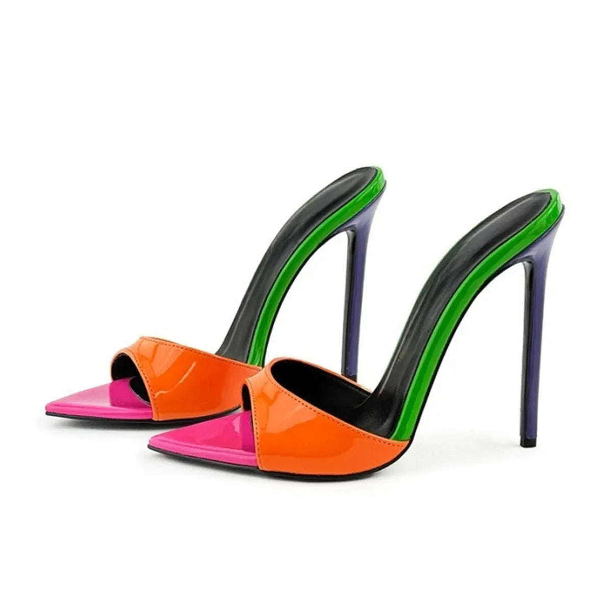 Mixed Colors Patent Leather Peep toe slipper Pointed toe Super high Heel