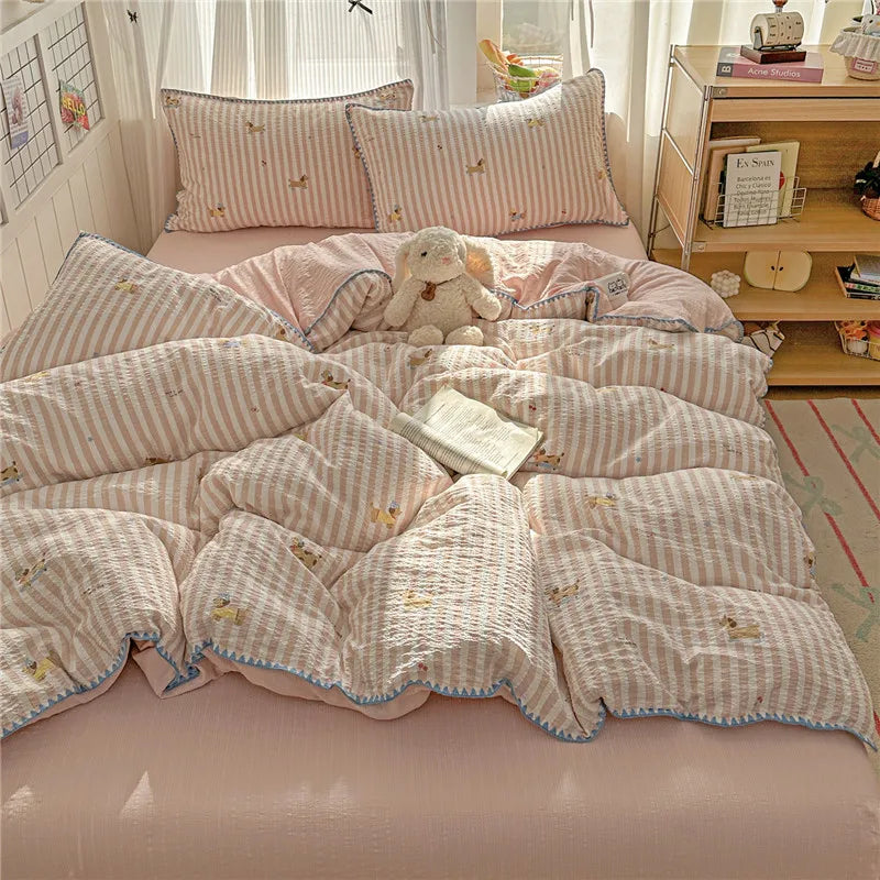 3/4Pcs Skin-friendly Soft Pleated Yarn Bedding Set