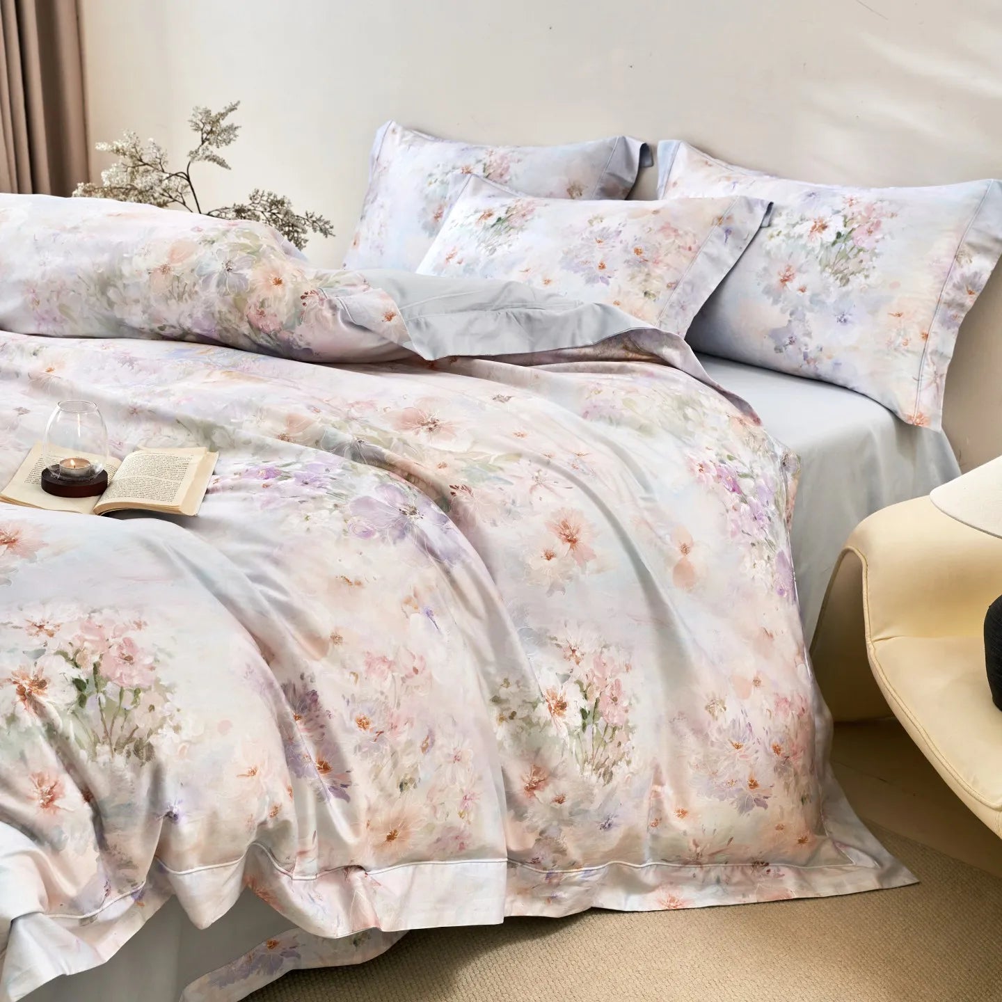 600TC Egyptian Cotton Flowers Print Queen King Size Luxury Bedding Set