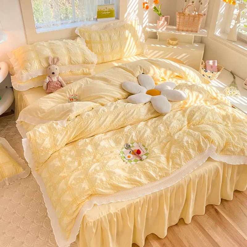 Korean Seersucker Duvet Cover Set with Pillowcases Flat Sheet Adults Kids Twin Full Queen Size Bedding Set