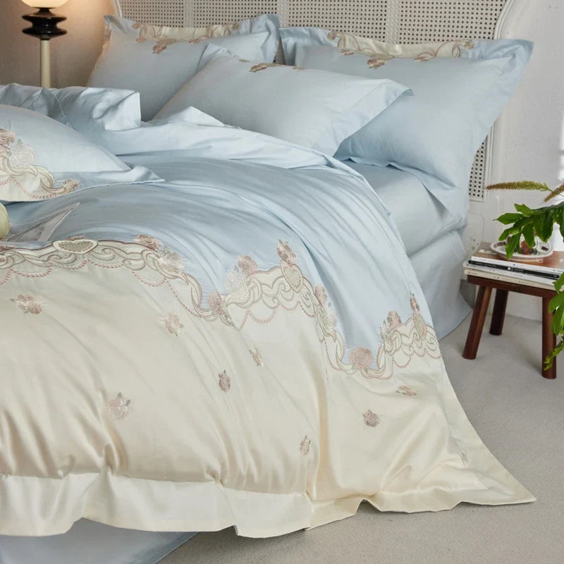 1000TC Egyptian Cotton Luxury Rose Embroidery Blue Pink Green Bedding Set