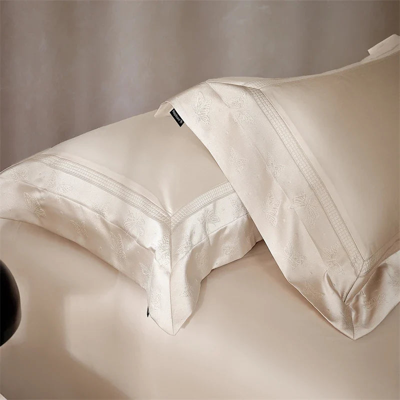 Luxury Lyocell Cotton Butterfly Jacquard Bedding Set, Soft Silky Duvet Cover Set, Pillowcases, Bed Sheet/Fitted Sheet, 4Pcs