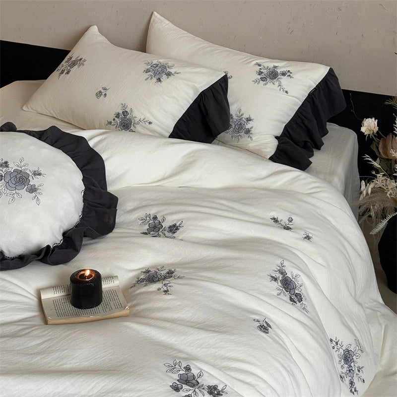 Rose Flowers Embroidery 100% Cotton Wrinkled Yarn Bedding Set