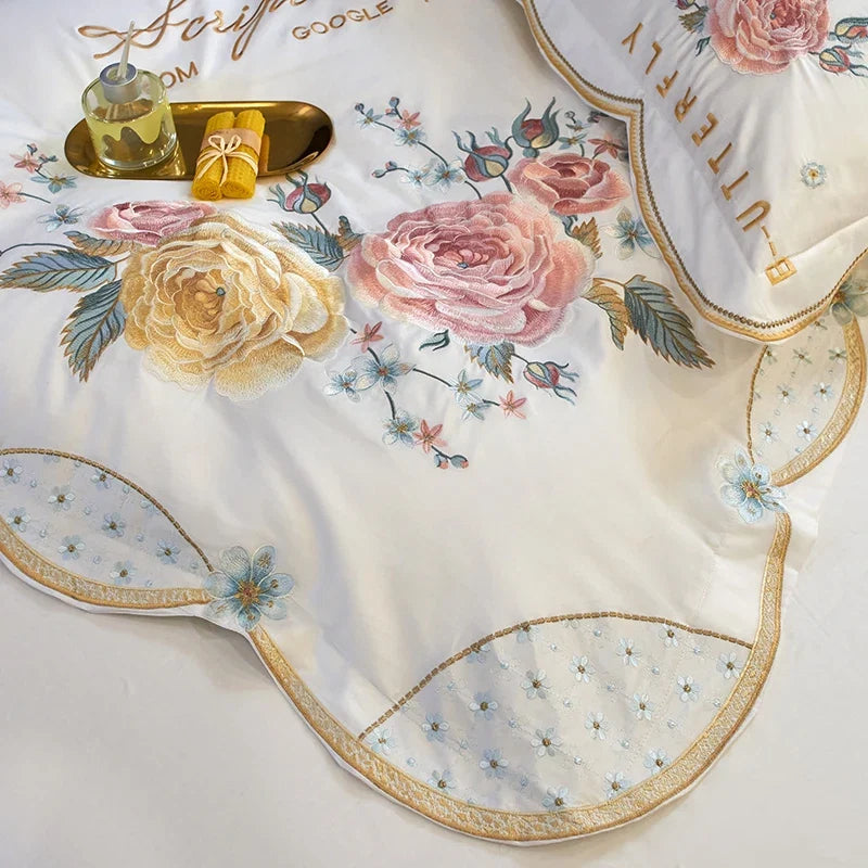 Peony Flowers Embroidery Luxury Bedding Set