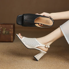 cowhide hollow out breathable open toe thick Heel