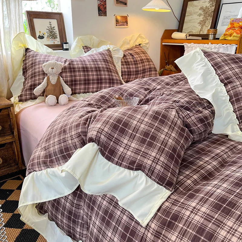 3/4Pcs Grid Stripes Ruffles Bedding Set