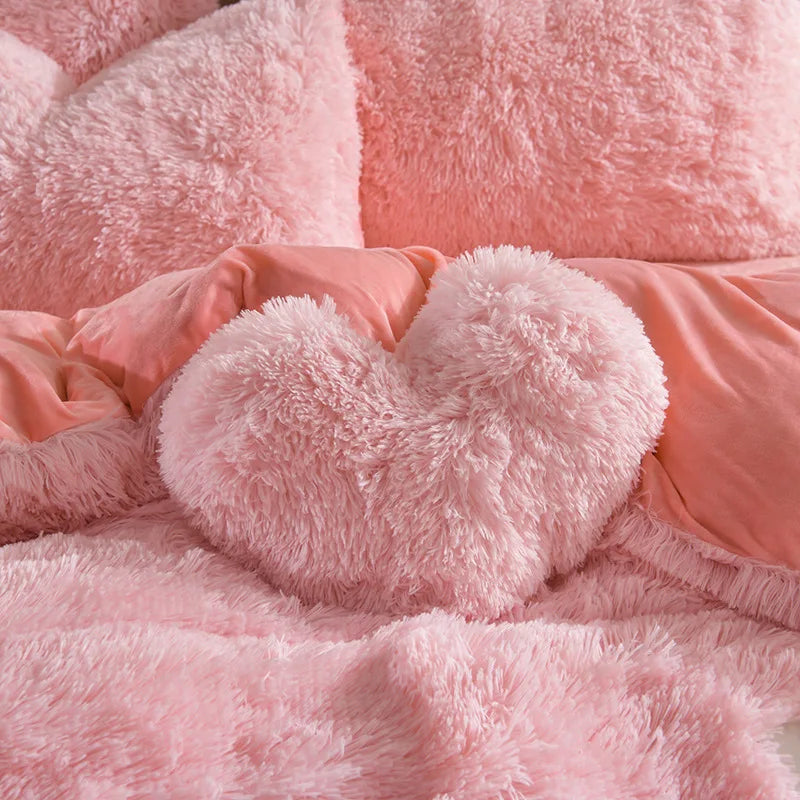 Solid Color Fluffy Long Plush Winter Bedding Set