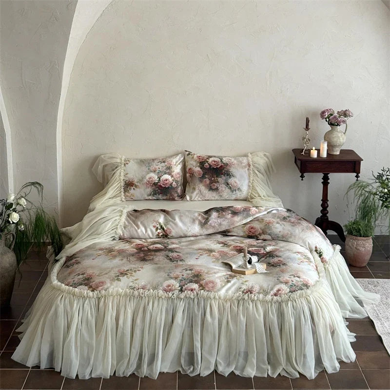 Vintage Rose Flowers Prints Three-sided Large Lace Ruffles 1000TC Egyptian Cotton Bedding Set