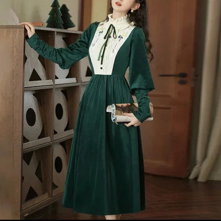 Imogen's Holiday Vintage-style Velvet Dress with Embroidery