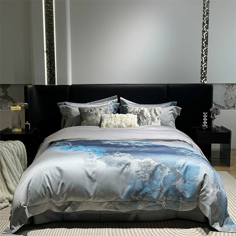 1000TC Egyptian Cotton Blue Grey Abstract Marble Brocade Jacquard Luxury Bedding Set