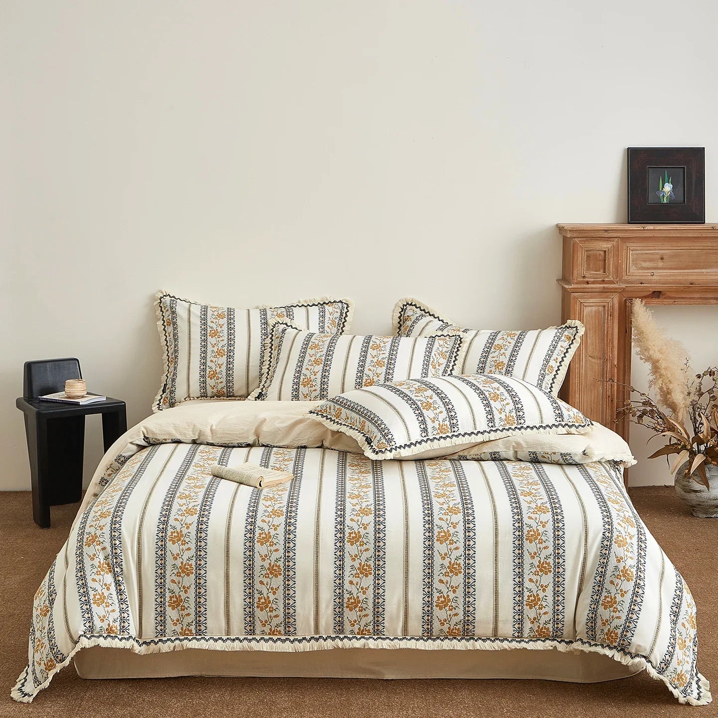 Vintage French Yarn-dyed Cotton Linen Blend Jacquard Tassel Edge Bedding Set