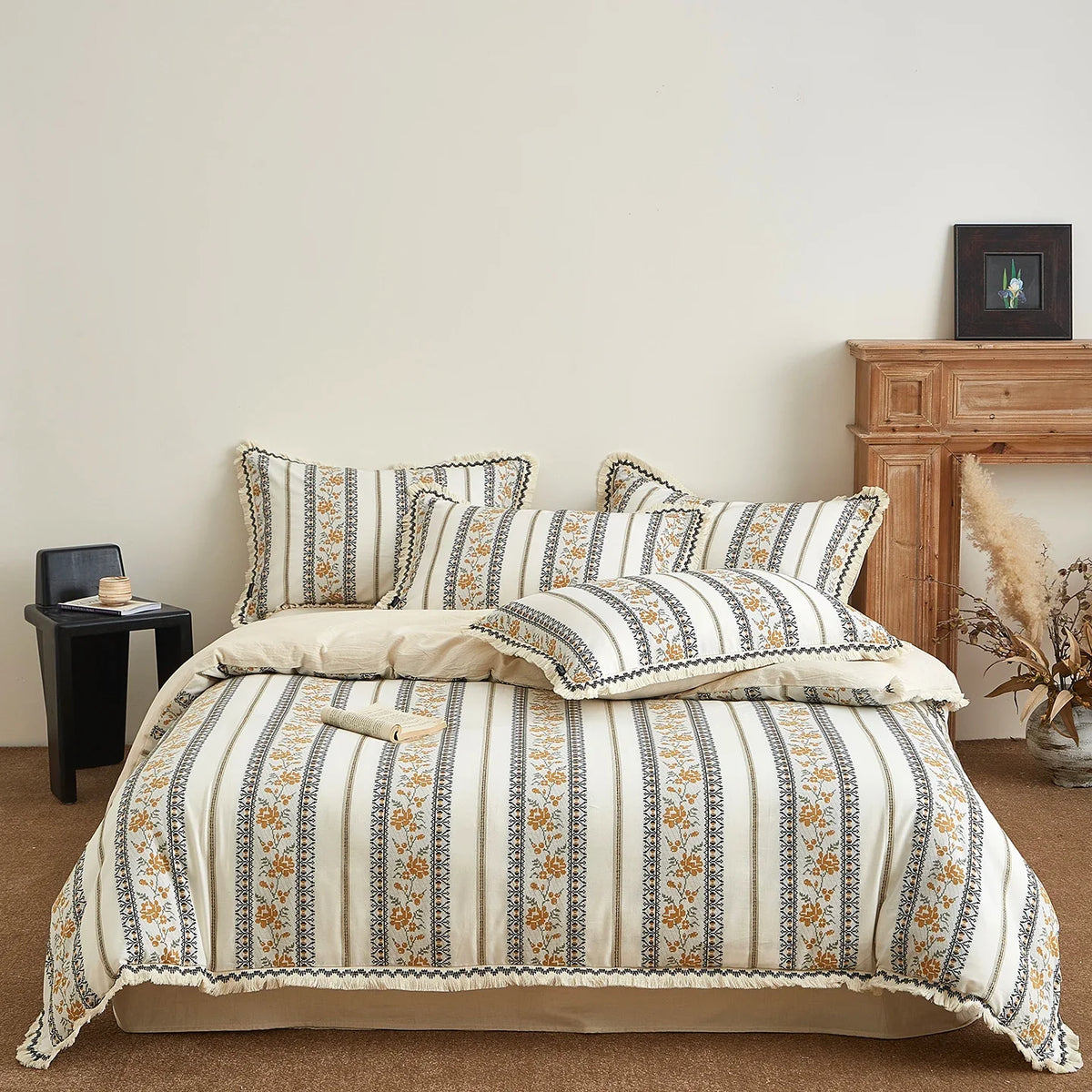 Vintage French Yarn-dyed Cotton Linen Blend Jacquard Tassel Edge Bedding Set