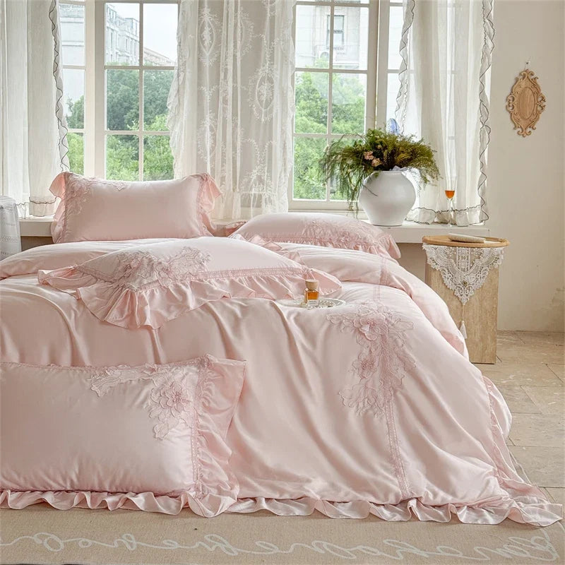 Pink Flowers Embroidery Ruffles Princess Wedding Bedding Set