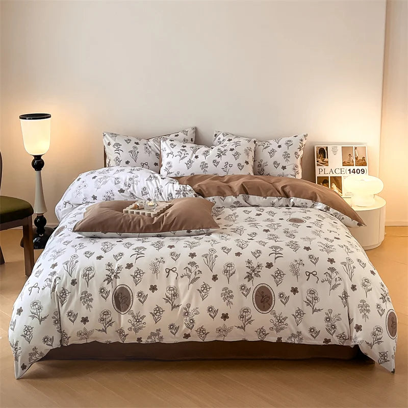 Spring 100% Cotton Duvet Cover Set Fashion Floral Printed Queen Bedding Set