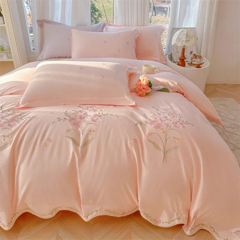 Floral Embroidery 100% Cotton Luxury Bedding Set