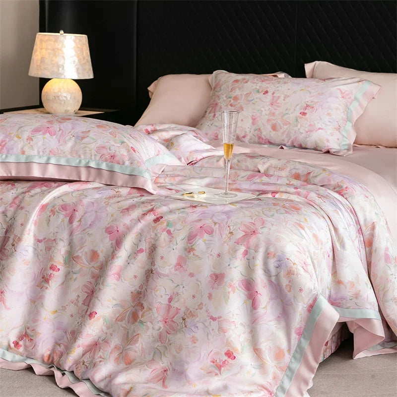 82% lyocell, 8% silk and 10% nylon soft silky flowers digital printing Bedding Set