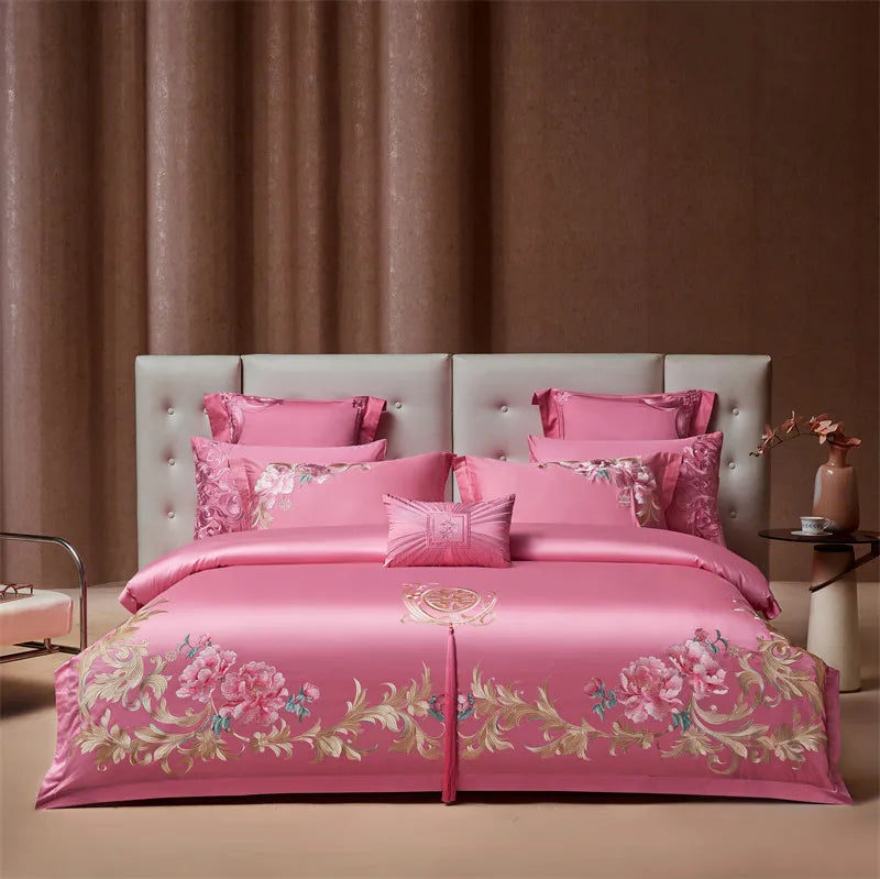 Luxury Chinese Style Wedding Flowers Embroidery Rose Pink Bedding Set