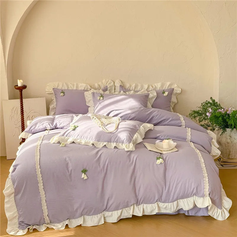 3/4Pcs Korean Princess Style Ruffles Washed Cotton Bedding Set