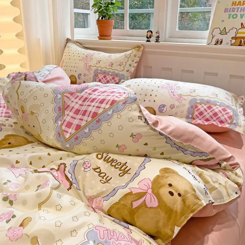 Ins Bear Duvet Cover Set with Zipper Fashion Girls Boys Kids Flat Bed Sheet Pillowcases No Filler Single Queen Size Bedding Set