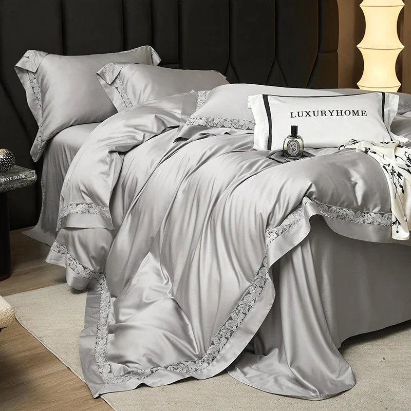 1000TC Lyocell Cotton Hollow Flowers Wide Edge Luxury Bedding Set