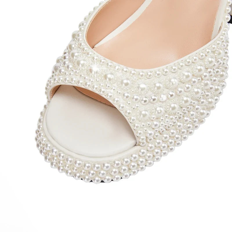 European and American Nightclub Princess Flower Buckle Pearl Thick Bottom Fish Mouth Open Toe Large Heel