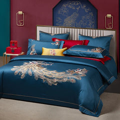 1400TC Egyptian Cotton Luxury Chinese Style Peacock Embroidery Bedding Set