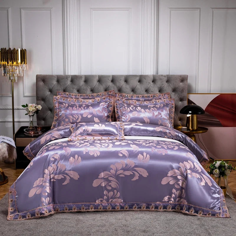 Luxury Euro Gold Satin Jacquard Lace Bedding Set