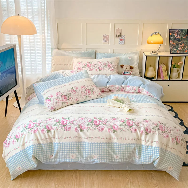 Heart Pattern 100% Cotton Duvet Cover Set with Flat Sheet or Fitted Sheet 3/4 Pcs Soft Breathable Queen King Size Bedding Set