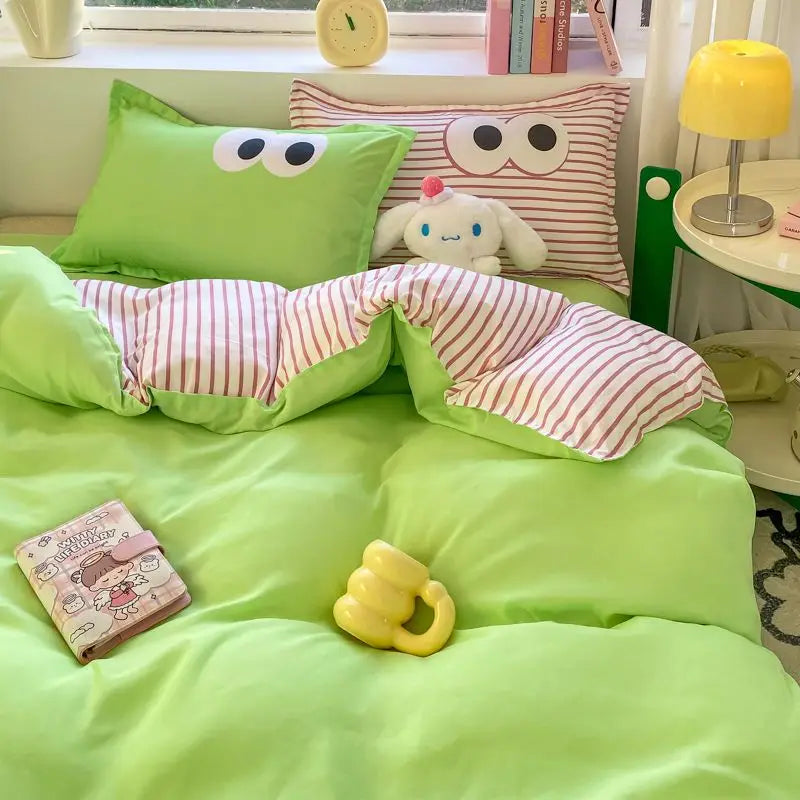 Cute Korean Style Duvet Cover Set No Filler Green Pink Mix Color Flat Sheet Pillowcases Polyester Twin Queen Size Bed Linens