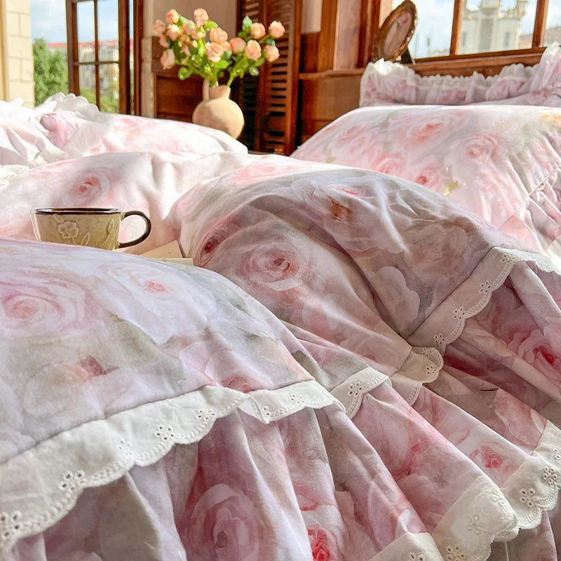 4/6Pcs  Korean Princess Style Rose Print Lace Ruffles Bedding Sets