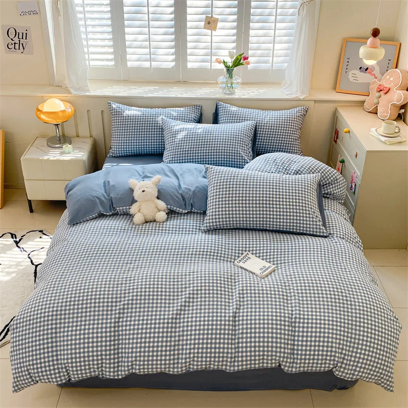 3/4 Pcs Blue Checkered Bedding Set