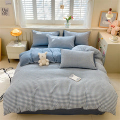 3/4 Pcs Blue Checkered Bedding Set