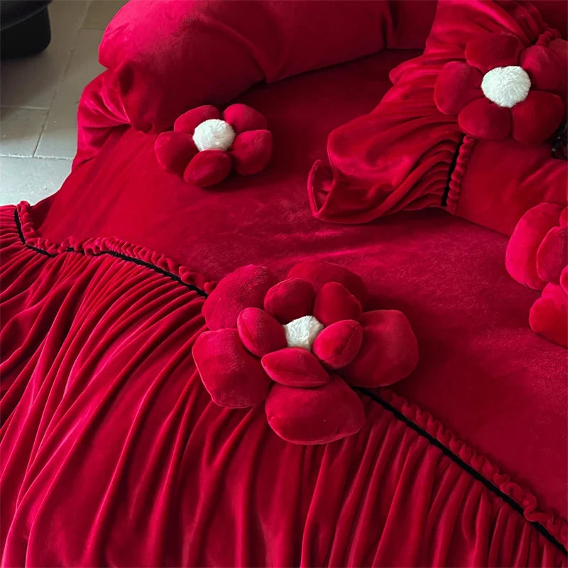 Three-dimensional Flowers Embroidery Ruffles Red Bedding Set