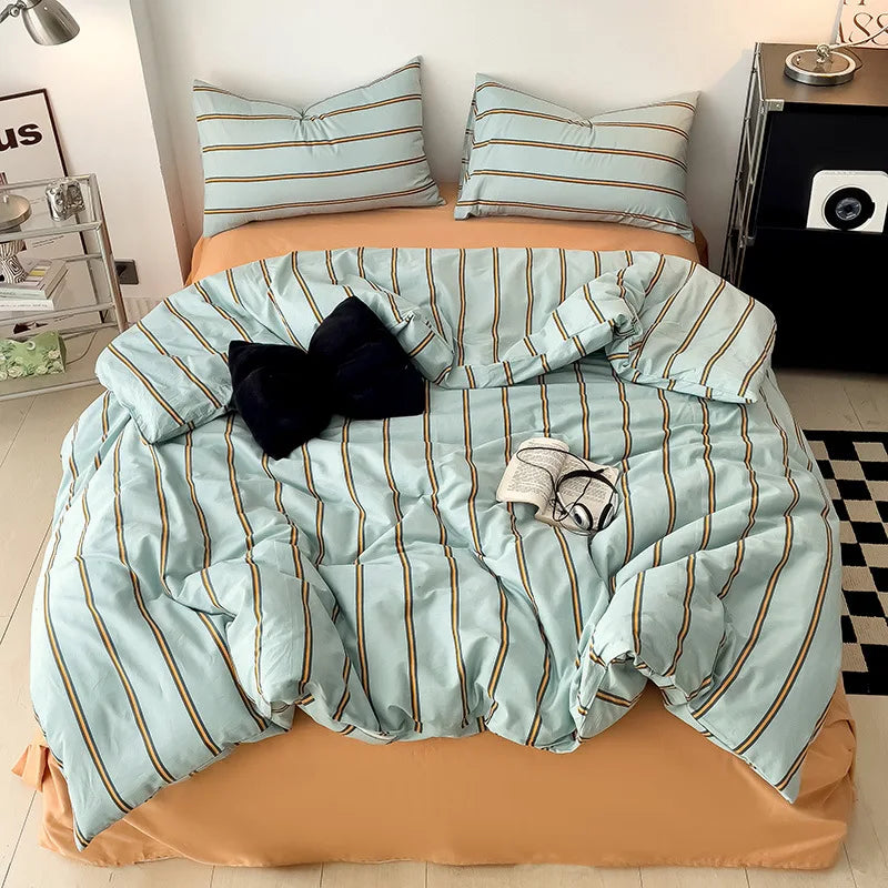 Simple Green Striped Duvet Cover Bed Sheet Pillowcase Set Full Queen King Cotton Bedding Set