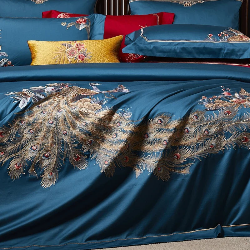 1400TC Egyptian Cotton Luxury Chinese Style Peacock Embroidery Bedding Set