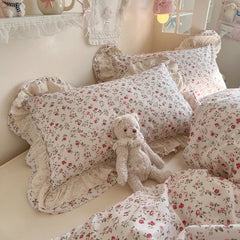 100% Cotton Double Layer Lace Ruffle Floral Bedding Set