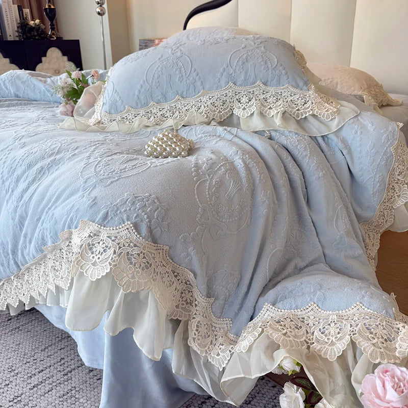 Pink Vintage French Lace Ruffles Carved Velvet Bedding Set