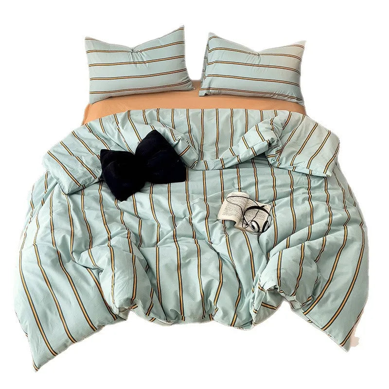 Simple Green Striped Duvet Cover Bed Sheet Pillowcase Set Full Queen King Cotton Bedding Set
