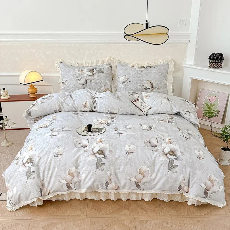 Korean Princess Style Floral Print Lace Ruffles Bedding Set