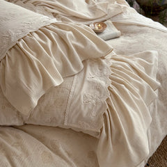 Vintage French Butterfly Lace Ruffles Cotton Linen Blend Jacquard Bedding Set
