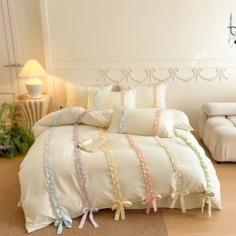 3/4Pcs Pink Ins-Style Princess Colorful Bow Bedding Set