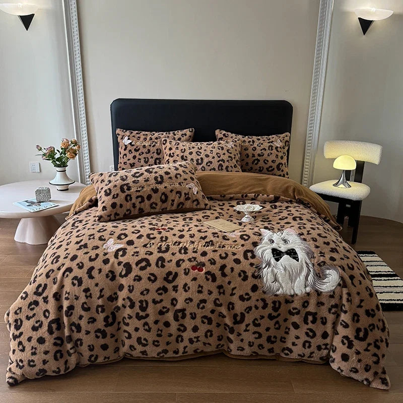 Pink Leopard Print Cute Cat Embroidery Velvet Warm Winter Bedding Set