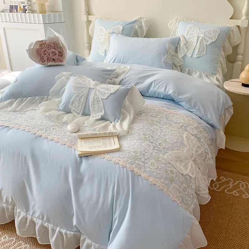 3/4Pcs Korean Princess-Style Bow Lace Ruffle Green Bedding Set