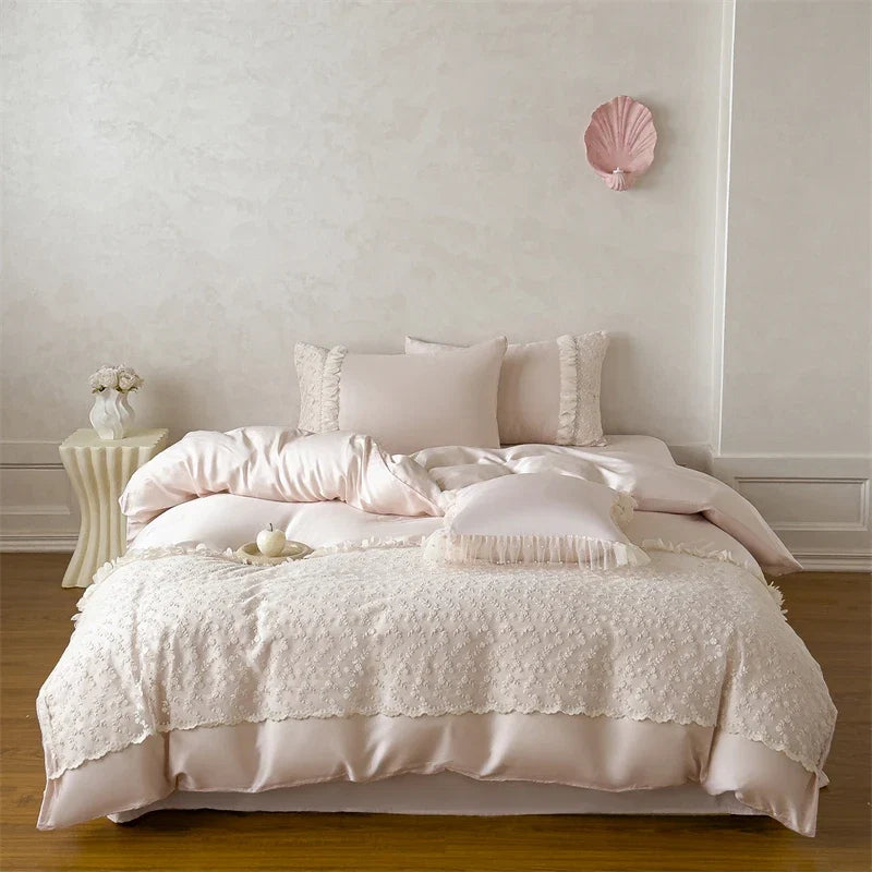 Princess Style Pink Floral Lace Embroidery 600TC Lyocell Bedding Set
