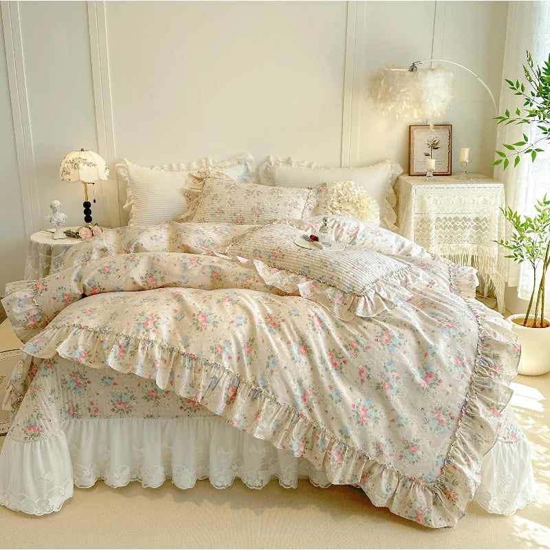 4/6Pcs Pure Cotton French Flowers Prints Ruffles Princess Bedding Set