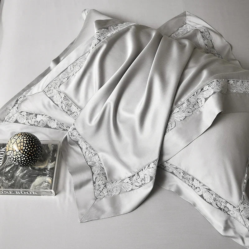 Premium 1000TC Lyocell Cotton Flowers Hollow Lace Wide Edge Embroidery Bedding Set