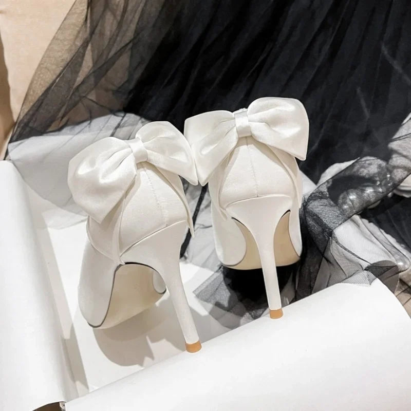 French Satin White Main Wedding Dress Shoes