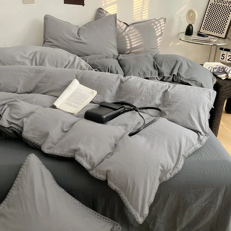 Solid Color Soft Duvet Cover Set Skin Friendly Washable Cotton Queen Bedding Set